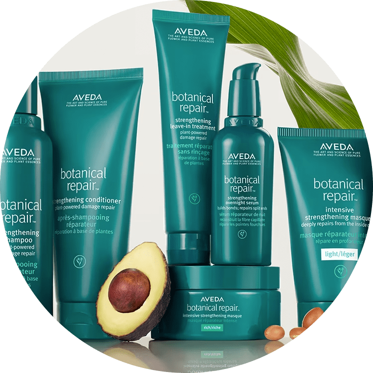 selection of best-selling Botanical Repair products, surrounded by botanical leaves and natural ingredients such as Avocado